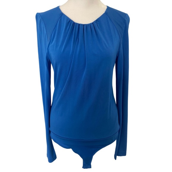 Bebe Blue long-sleeve Bodysuit with gathered neck detail Size Medium - Picture 2 of 11